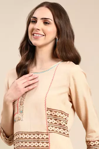 women's calf length round neck beige ethnic motifs a-line kurta