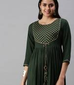 women's calf length round neck green solid anarkali kurta