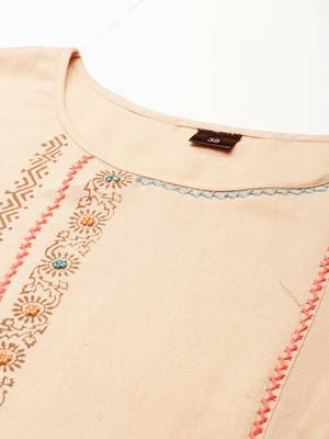women's calf length round neck beige ethnic motifs a-line kurta 3