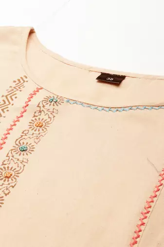 women's calf length round neck beige ethnic motifs a-line kurta