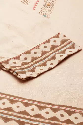 women's calf length round neck beige ethnic motifs a-line kurta