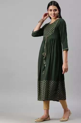 women's calf length round neck green solid anarkali kurta