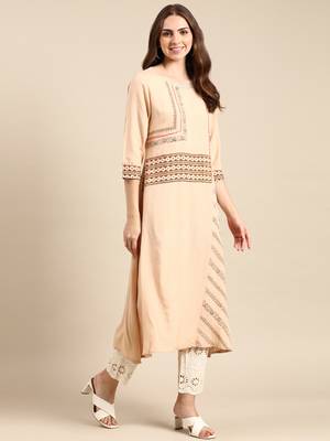women's calf length round neck beige ethnic motifs a-line kurta 5