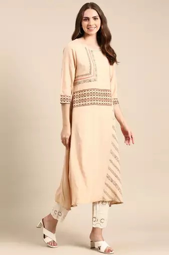 women's calf length round neck beige ethnic motifs a-line kurta