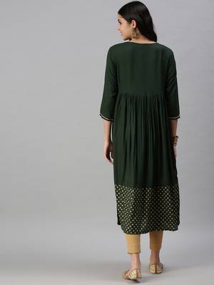 women's calf length round neck green solid anarkali kurta 4