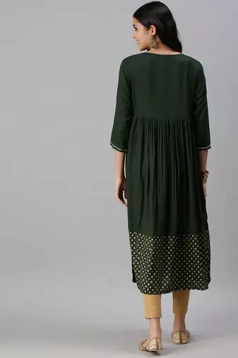 women's calf length round neck green solid anarkali kurta