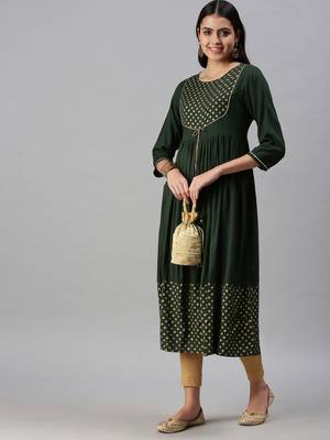 women's calf length round neck green solid anarkali kurta 5