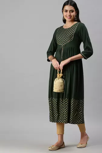 women's calf length round neck green solid anarkali kurta