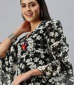 women's calf length v-neck black graphic print a-line kurta