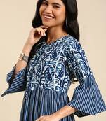 women's ankle length keyhole neck navy blue striped anarkali kurta