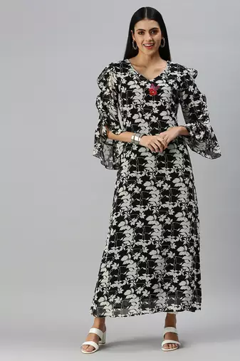 women's calf length v-neck black graphic print a-line kurta