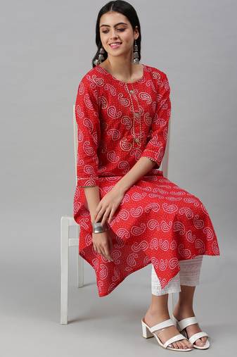 women's calf length round neck red paisley straight kurta