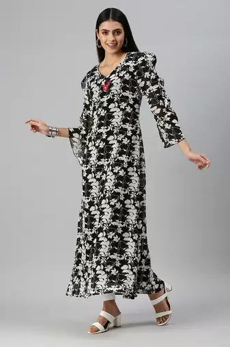 women's calf length v-neck black graphic print a-line kurta