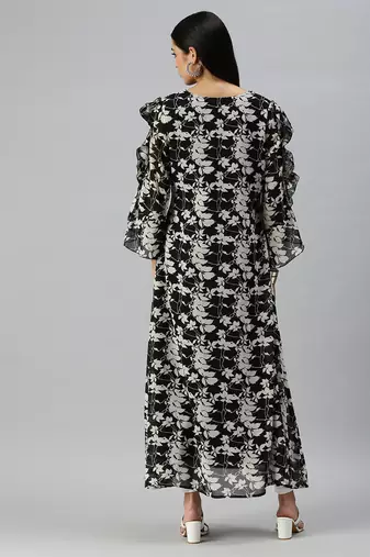 women's calf length v-neck black graphic print a-line kurta