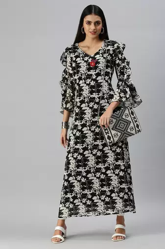 women's calf length v-neck black graphic print a-line kurta