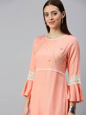 women's ankle length round neck peach solid a-line kurta 1