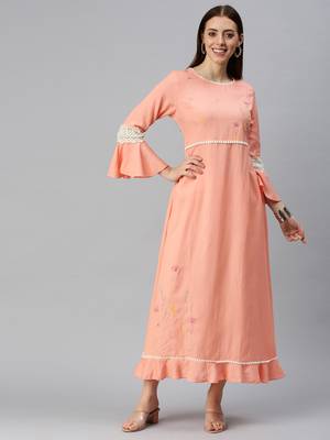 women's ankle length round neck peach solid a-line kurta 2
