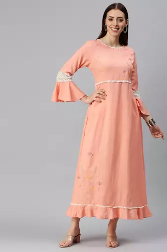 women's ankle length round neck peach solid a-line kurta