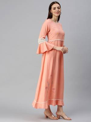 women's ankle length round neck peach solid a-line kurta 3