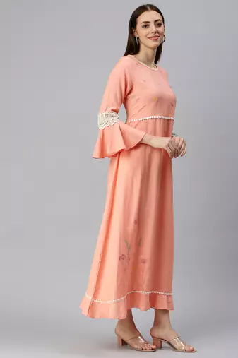 women's ankle length round neck peach solid a-line kurta