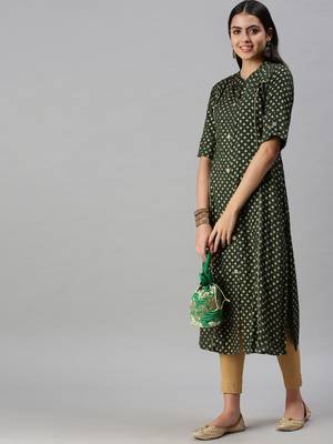 women's calf length mandarin collar green ethnic motifs straight kurta 1