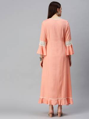 women's ankle length round neck peach solid a-line kurta 4