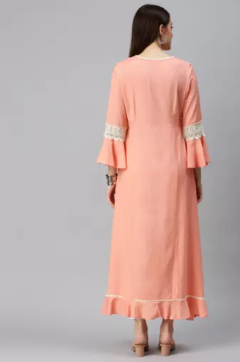 women's ankle length round neck peach solid a-line kurta
