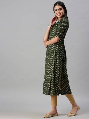women's calf length mandarin collar green ethnic motifs straight kurta 2