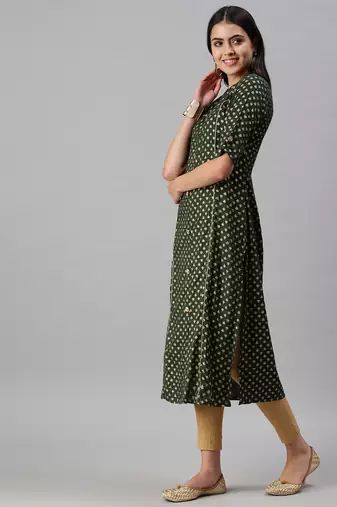 women's calf length mandarin collar green ethnic motifs straight kurta