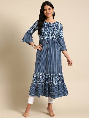 women's ankle length keyhole neck navy blue striped anarkali kurta 4