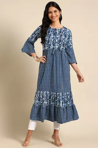 women's ankle length keyhole neck navy blue striped anarkali kurta