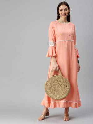 women's ankle length round neck peach solid a-line kurta 5