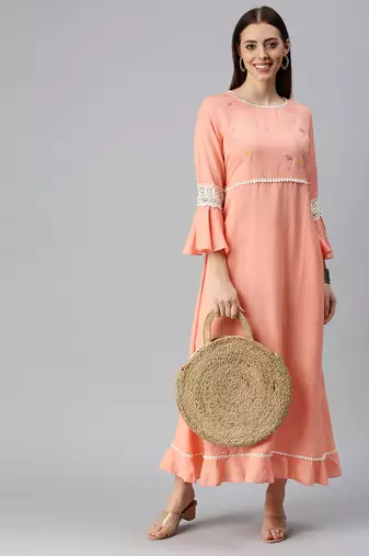 women's ankle length round neck peach solid a-line kurta