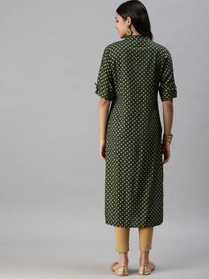 women's calf length mandarin collar green ethnic motifs straight kurta 3