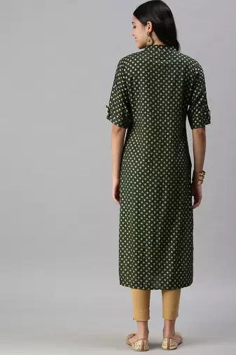 women's calf length mandarin collar green ethnic motifs straight kurta