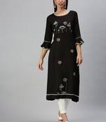women's calf length round neck black floral a-line kurta