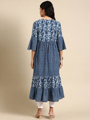 women's ankle length keyhole neck navy blue striped anarkali kurta 5