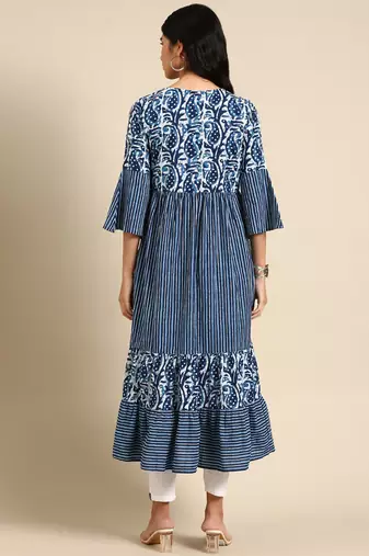 women's ankle length keyhole neck navy blue striped anarkali kurta