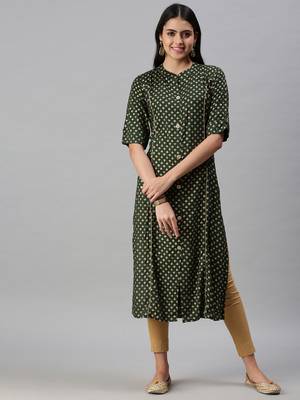 women's calf length mandarin collar green ethnic motifs straight kurta 4