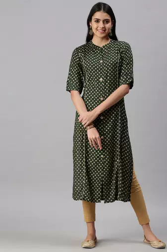 women's calf length mandarin collar green ethnic motifs straight kurta