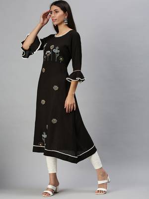 women's calf length round neck black floral a-line kurta 2