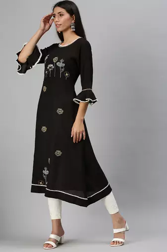 women's calf length round neck black floral a-line kurta