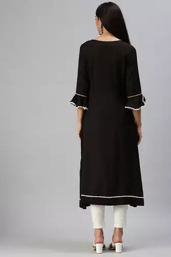 women's calf length round neck black floral a-line kurta