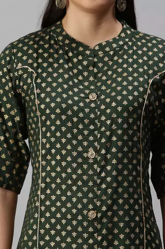 women's calf length mandarin collar green ethnic motifs straight kurta