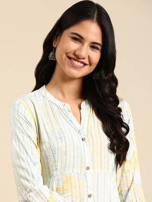 women's ankle length mandarin collar sea green abstract anarkali kurta 1