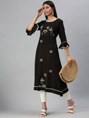 women's calf length round neck black floral a-line kurta 4