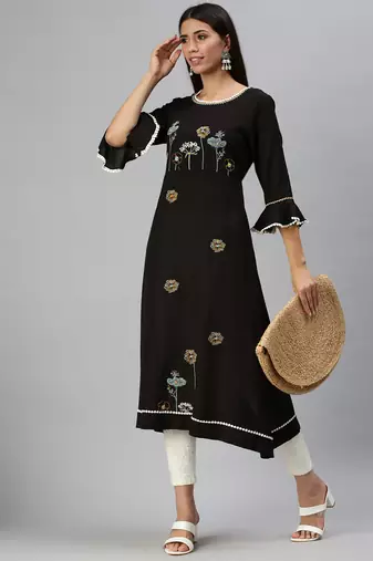 women's calf length round neck black floral a-line kurta