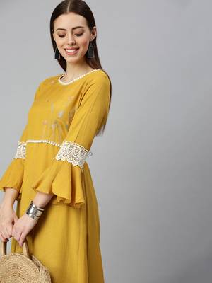 women's ankle length round neck mustard solid a-line kurta 1