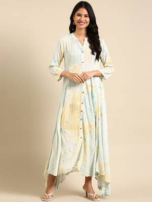 women's ankle length mandarin collar sea green abstract anarkali kurta 3