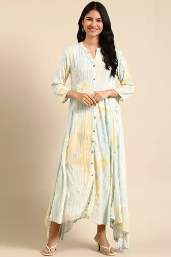 women's ankle length mandarin collar sea green abstract anarkali kurta